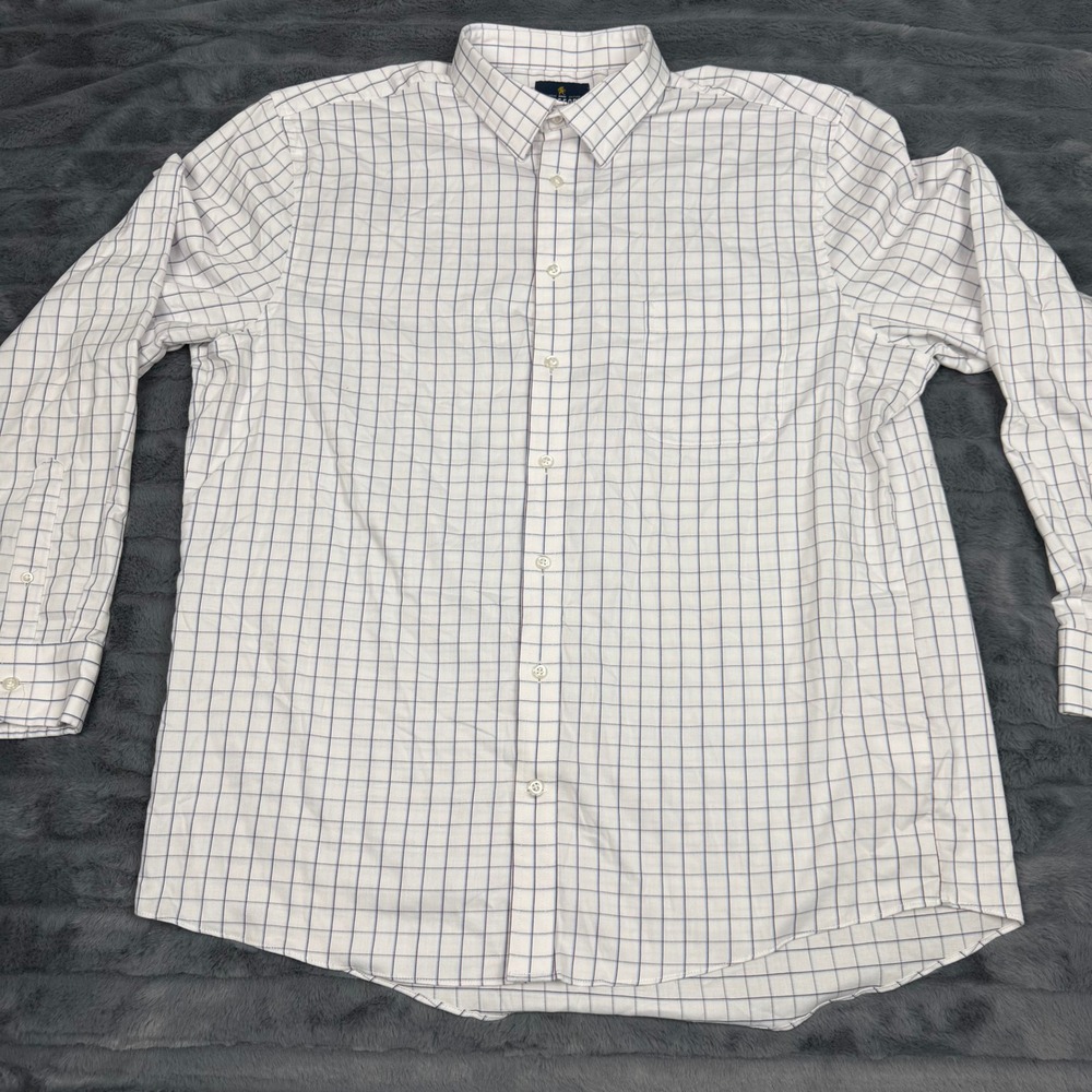 Stafford Mens XL Regular Fit Long Sleeve Button Down Shirt White Blue Grid 14606